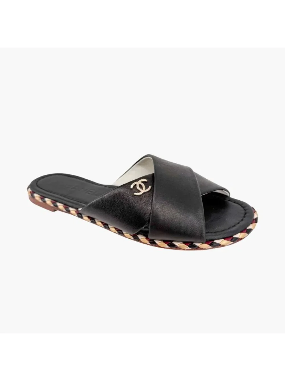 Chanel CC Braided Slide Sandals Black Leather Size 39C US 8-8.5 Wide Flat Mule